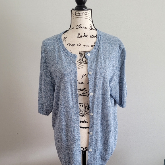 Land's End 100% Linen Short Sleeve Blue Button-Up Cardigan - Picture 2 of 9